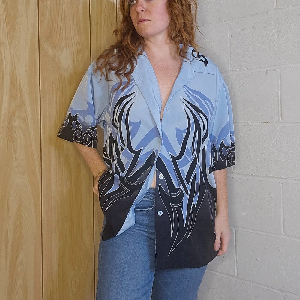 y2k Dadcore Blokecore McBling Alt Goth Blue Flames Button Down Polo Style Shirt